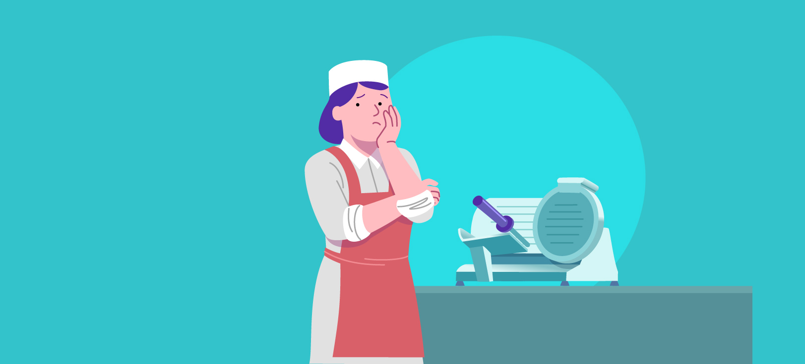 Illustration d'une travailleuse en épicerie ayant un doute.